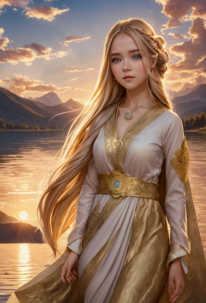 1 girl, serene expression, fascinating eyes, long and straight hair, flowy dress, balanced posture, Porcelain skin, subtle blush, crystal pendant BREAK golden hour, (edge lighting):1.2, warm tones, sun flare, solar flare, soft shadows, vibrant colors, pictorial effect, dreamy atmosphere REST scenic lake, distant mountains, sauce, calm waters, reflection, Sunlit clouds, quiet atmosphere, idyllic sunset, ultra detailed, official art, unity wallpaper 8k , zentangle, mandala
