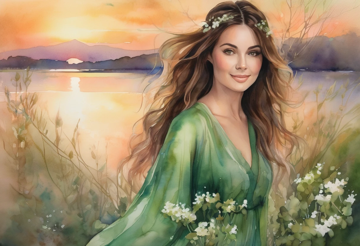 A stunning watercolor painting of a young, enchanting lady that captivates the hearts of men. She has a gentle smile on her face, cascading brown hair, and a shimmering green dress adorned with delicate white flowers. The background features a soft, vibrant sunset with a blend of warm and cool colors, creating a dreamy atmosphere. The overall composition of the painting is both captivating and romantic, evoking a sense of longing and admiration.