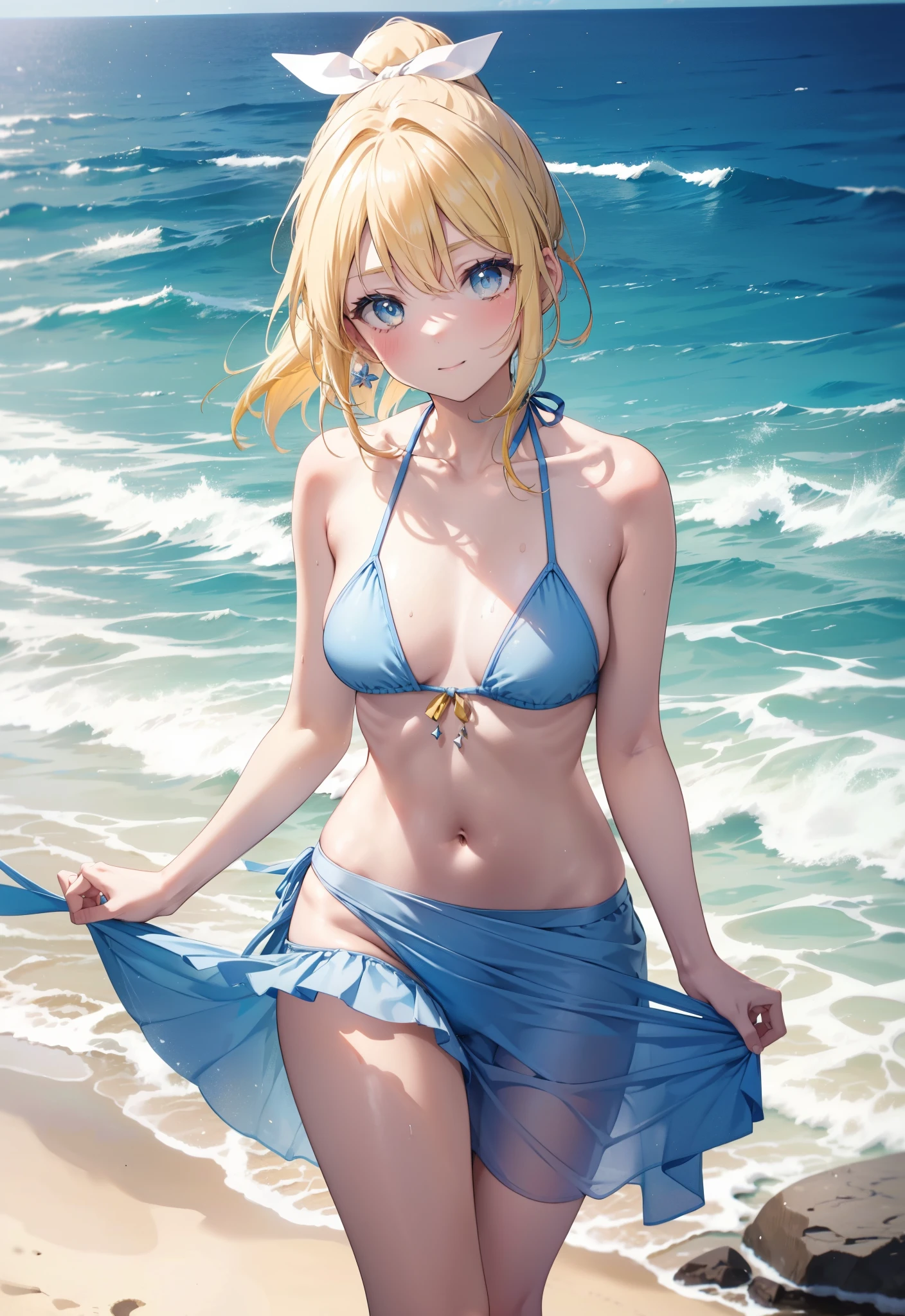 Eliase, catalyst, Yellow Hair, blue eyes, ponytail, Hair Ribbon, Open your mouth,clavicle,smile,Light blue bikini swimsuit,barefoot,pararel, A thin long skirt tied around the waist,belly button,abdomen, whole bodyがイラストに入るように,Stroll along the sandy beach,
break outdoors, Beach,
break looking at viewer, whole body, (Cowboy Shot:1. 5)
break (masterpiece:1.2), Highest quality, High resolution, unity 8k wallpaper,, (shape:0.8), (Beautiful attention to detail:1.6), Highly detailed face, Perfect lighting, Extremely detailed CG, (Perfect hands, Perfect Anatomy),