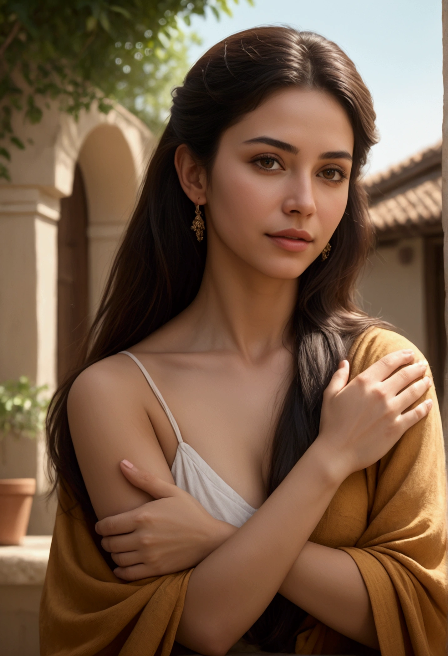 an spanish woman with lush dark long style hair squatting outside (realistic:1.3) , finely detailed, quality, (masterpiece:1.2) , (photorealistic:1.2) , (best quality) , (detailed skin:1.3) , (intricate details) , ray tracing, dramatic, 1 girl portrait, (Best Quality, HDR, raw),solo woman, ((dark amber hair)), dreamy cumulus land, extraordinary, , flowing evening, she's squatting, embraces, molecules are alive, the background hand-painted MURAL biological, painted background, (hand tinted amber), no makeup, natural, ethereal lovely, dark shadows and DEEP colors,night, messy hair, retro, Porta 160 color, shot on ARRI ALEXA 65, long depth of field, raw there is a woman that is giving a massage to the back of neck, from behind woman paradise garden massage, massage, embracing love massage, ceremony, touching, face neck shoulders, head is centered, she's is lovingly giving the back of neck a massage with her hands, Ultra-realistic, (photorealistic:1.5), Highly detailed, best quality, masterpiece, woman, beautiful face, pleasing realistic photo, ((Anatomically correct proportions: 1.3)), ((perfectly proportion, beautiful woman) ), A detailed face, detailed eyes, Detailed fingers, detailed arms, Detailed skin , lush pillows, soft comforters and blanket