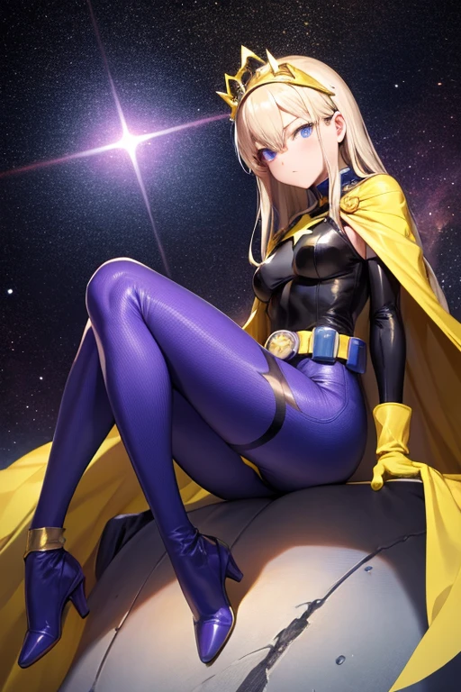 ((best quality)), ((masterpiece)), (detailed), 1 girl, Full body, 19 years old, Depressing face, Blue eyes, Empty eyes, Star-shaped tiara, Arms forward, Eye mask, Blue superhero mask, Blonde hair, Straight hair, Long hair, Bangs, 2 star clips on the sides of the hair, Full body, Medium breasts, Slim body, Small yellow star between the two hands, Yellow wristbands, Long purple gloves, Blue gloves, Superhero costume, Superheroes, Yellow leotard suit, With a big yellow star in the center, Star emblem, Somewhat tight, Long yellow cape on the waist, Red belt, Purple legs, Purple pantyhose, Blue boots, Legs forward, Looking at her hands, Sitting on a meteorite, Space background, Anime