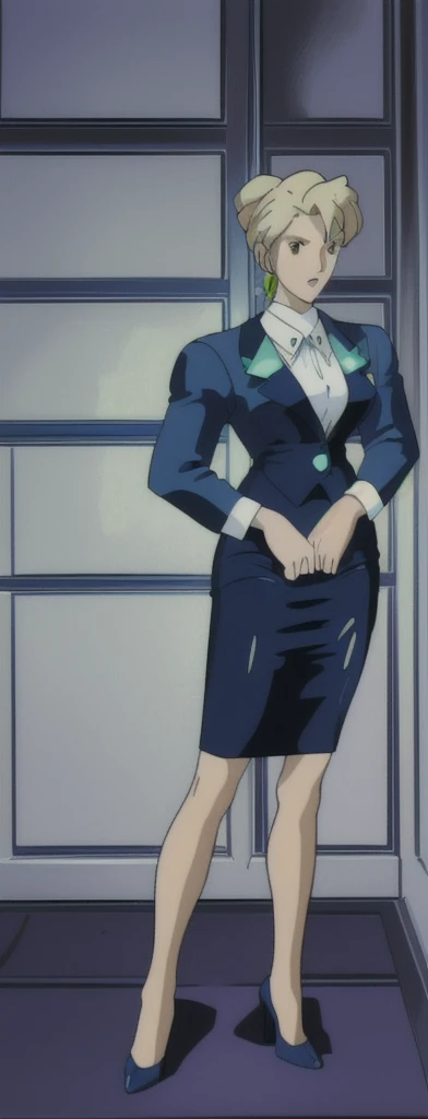 

EVIL BLONDE BUSINESS WOMAN WEARING A BLOUSE WITH A BLUE SKIRT SUIT 90s ANIME ARTSTYLE WITH DARK 
BLUE HEELS FULL BODY WEARING A SLIGHTLY LONG BLUE PENCIL SKIRT 