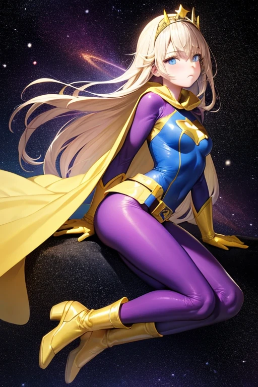 ((best quality)), ((masterpiece)), (detailed), 1 girl, Full body, 19 years old, Sad face, Blue eyes, Empty eyes, Star-shaped tiara, Arms forward, Eye mask, Blue superhero mask, Blonde hair, Straight hair, Long hair, Bangs, 2 star clips on the sides of the hair, Full body, Medium breasts, Slim body, Small yellow star between the two hands, Yellow wristbands, Long purple gloves, Blue gloves, Superhero costume, Superheroes, Yellow leotard suit, With a big yellow star in the center, Star emblem, Somewhat tight, Long yellow cape on the waist, Red belt, Purple legs, Purple pantyhose, Blue boots, Legs forward, Looking at her hands, Sitting on a meteorite, Space background, Anime