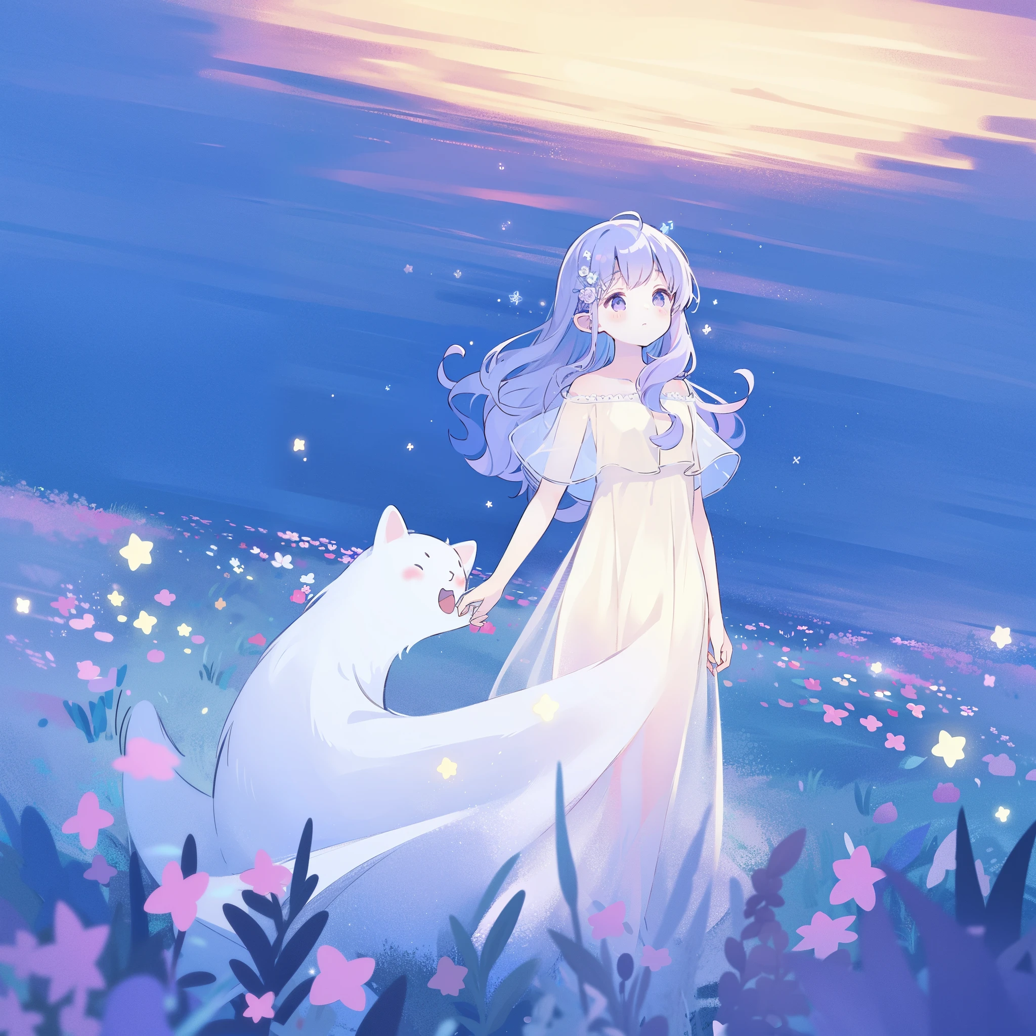 (magical dream flower garden landscape), girl wearing an ethereal translucent dress, pale skin, wavy gradient blue purple hair, perfect composition, highly detailed, ethereal, (starry night sky background), midjourney style