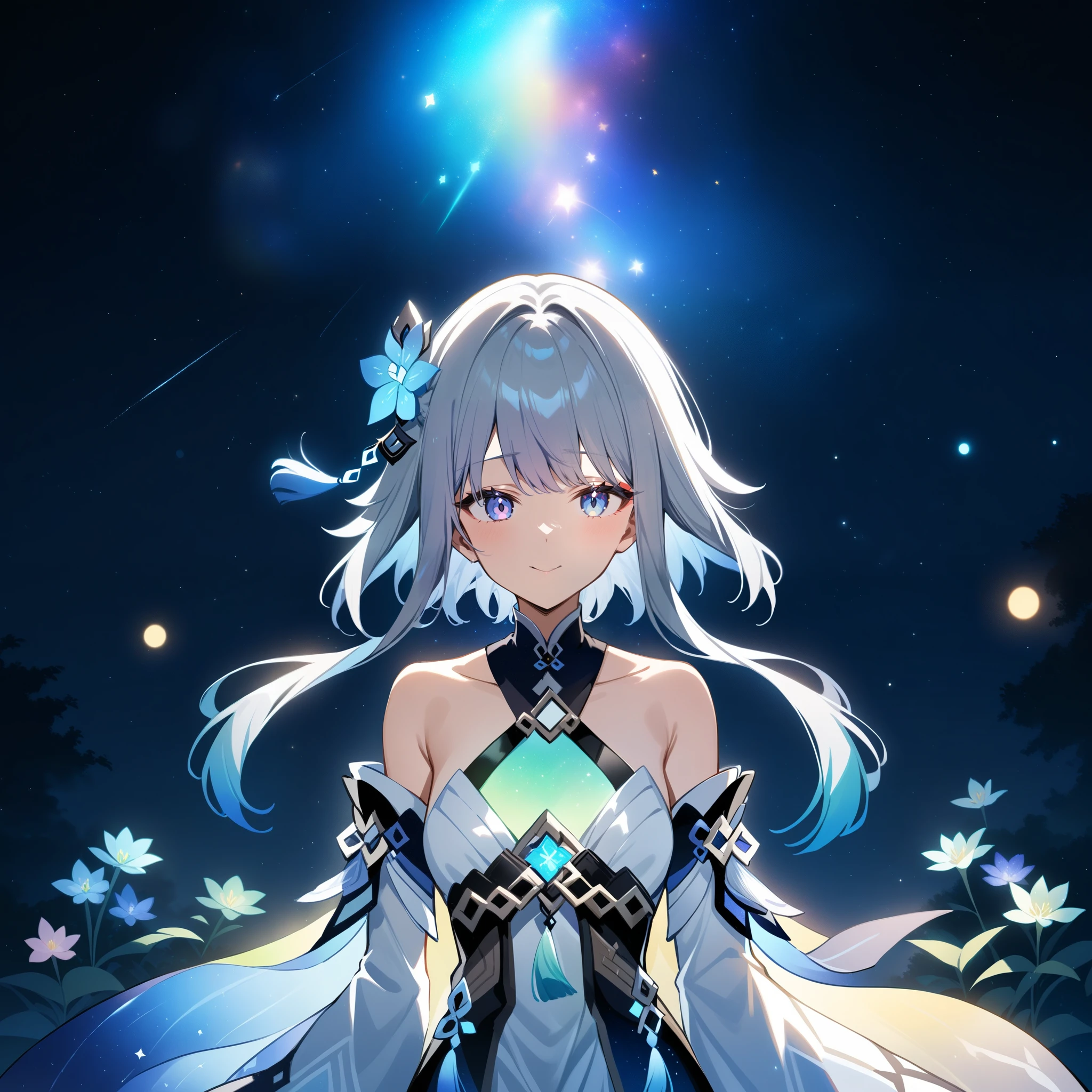 1girl, guizhong_\(genshin_impact\),(grey hair),short_hair_with_long_locks in front and low ponytail in back,(pale grey eyes with seafoam gradient),starry_sky_print,detached_sleeves white outside blue starry inside, hands completely hidden by long sleeves,stunning field of softly glowing cerulean and white glaze lilies,night scene,gentle smile,face focus, eye focus,ladyshadow,moonlight,glossy lips,vivid anime coloring,cel shading,smooth, soft dreamy focus,anklet,halter_top,white clothes,highly detailed,digital painting,bare_shoulders,barefoot,cool night tones, magical night scene,bokeh, professional,anemo colored fireflies,nebula of rainbow and silvery vapor,harmonious blend of nature and art,transcendent beauty,awe-inspiring artwork,(best quality,4k,8k,highres,masterpiece:1.2),matsuryuu and dsmile and agahari,countless glittering stars,cosmic stardust