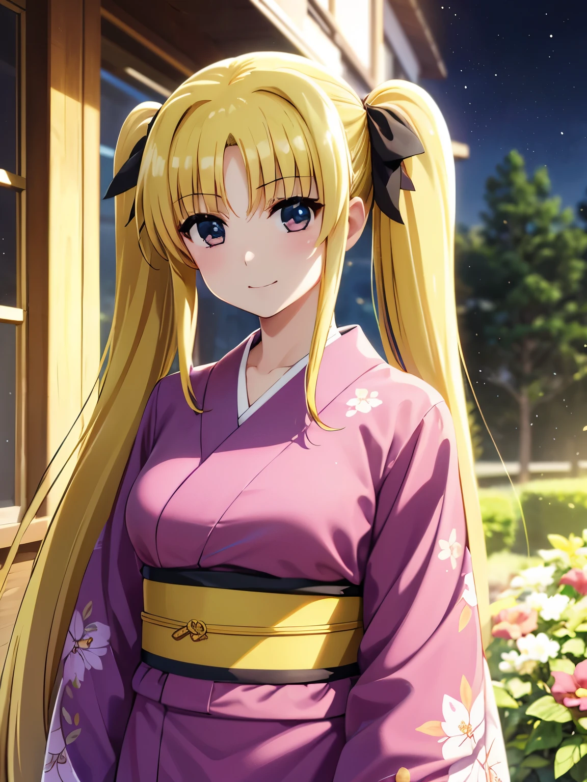 Highest quality、(Anime illustration style:1.3),High resolution、whole body、Standing、garden、Total GW、One Girl、Make Testarossa、 Golden Hair、Twin tails、Beautiful and attractive red eyes、Black ribbon、smile、Very detailedな顔、Closed Mouth、Pink kimono、yukata、1 girl, cute, (Dynamic Lighting:1.5), Cinema Lighting, Delicate features, Beautiful green eyes、Beautiful Eyes, Sharp pupils, Realisticな学生, Depth of written border, Bokeh, Sharp focus, (Very detailed, bloom, Shine:1.5), (Shineたくさんの小さな宝石:1.3)、(Genuine、Realistic、Realistic)、High resolution、超High resolution、Ultra-fine painting、Large Breasts、Sharp focus、Physically Based Rendering、Cowboy Shot