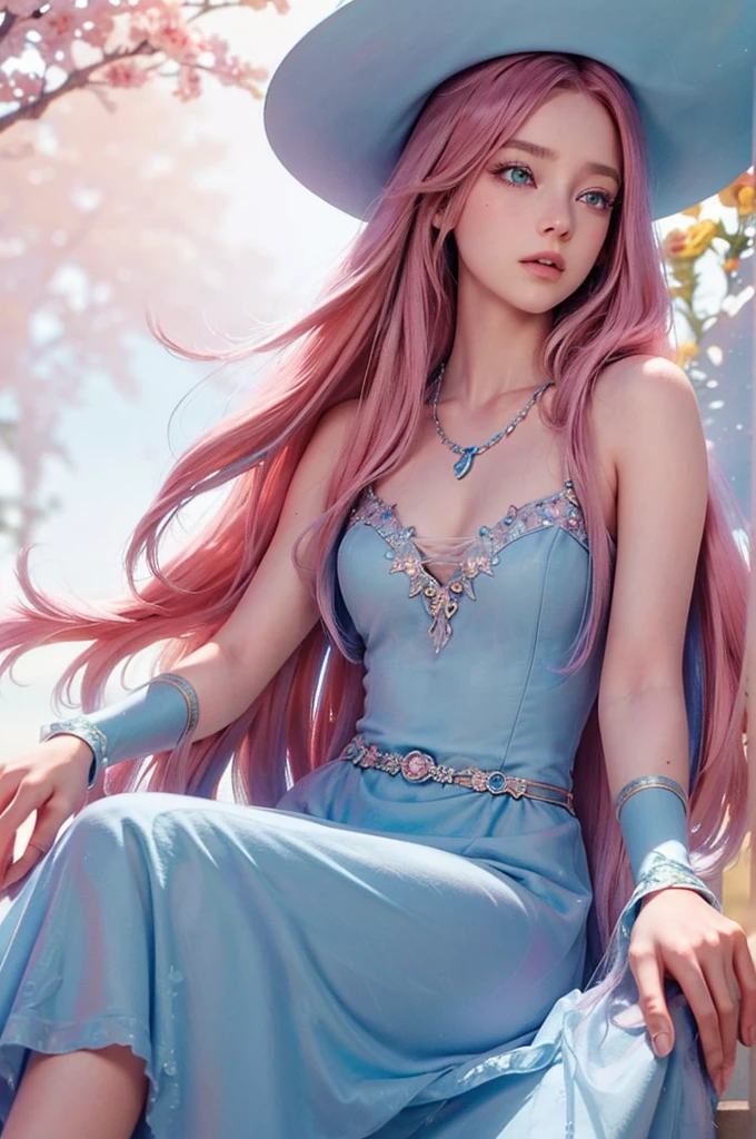 A beautiful young woman with vibrant pink hair and striking blue eyes, 1girl, highly detailed face, beautiful detailed eyes, beautiful detailed lips, extremely detailed eyes and face, long eyelashes, cute style, Disney Pixar character, Anna, pink hair, blue eyes, wearing a flowing, bohemian maxi dress with floral patterns, layered necklaces, and a wide-brimmed hat, whimsical, colorful, soft lighting, cinematic, photorealistic, 8K, highest quality, in a sunlit meadow, Wildflowers and a clear blue sky fill the background.