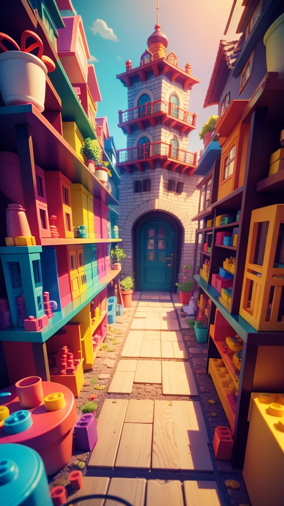 A colorful 3D image of a magical toy factory, with many colors of Lego bricks and a variety of imaginative objects.