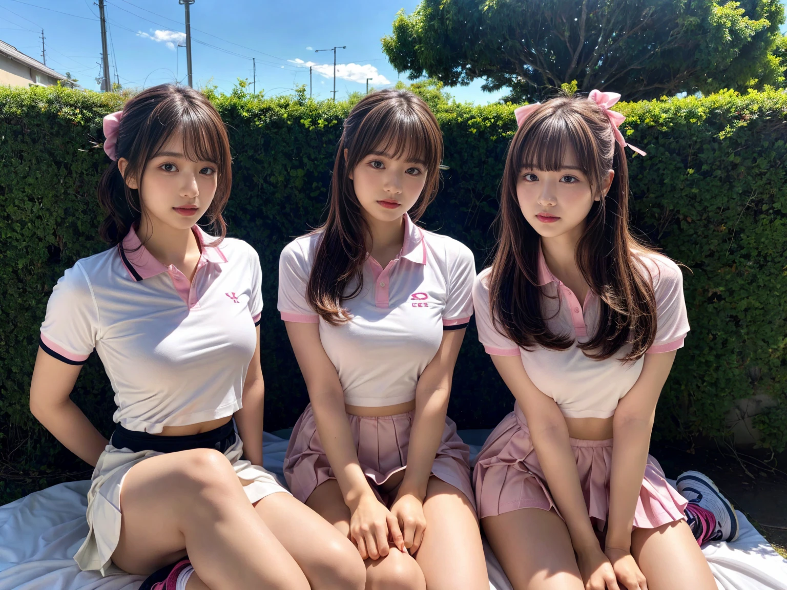 masterpiece, best quality, illustration, Super detailed, fine details, High resolution, 8K,wall paper, perfect dynamic composition,(Details High quality, realistic depiction of eyes:1.3), (2 girls), BREAK (white theme:1.4), (tucked-out short sleeve white polo shirt:1.4), (pink lines on tops outline:1.3), (pure white pleated mini skirt:1.3), (hem of top covers top half of skirt:1.3), (pink fluffy scrunchie on wrist:1.3), (white and pink sports shoes:1.2), sitting, open legs, short bob hair, in a hotel room in the background, deep on field, (large breasts:1.2), black hair color, Big Natural Color Lip, (perfect body shape), crying a little、Harajuku style、20 year old girl、cute type、beautiful legs, Gravure Idol