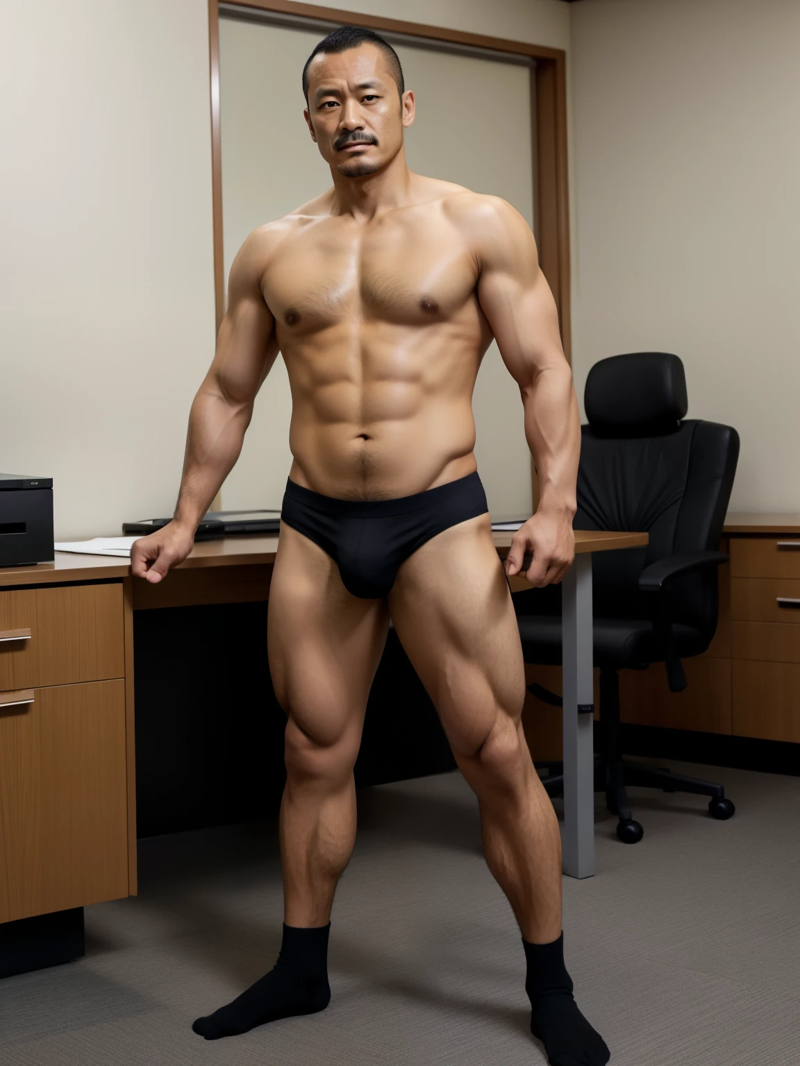40 years old,Hidetoshi Nakata,(Kogoro Mori 1.3),whole body,Lean,muscle,office,Black socks,foot,Standing,Baldhead ,transparent,Thick body hair,underwear,Topless,Densely hairy,Fortitude,HD,With a mustache