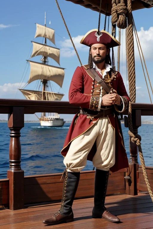 18th Century European Pirates、Full-body figure standing on the deck of a pirate ship、Draw to the toes、Holding the mast rope