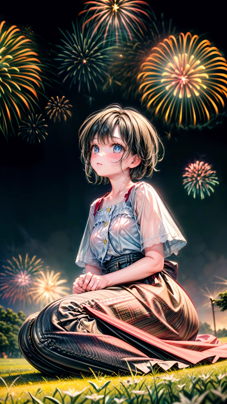 Low angle shot、Beautiful countryside、Girl sitting and looking up at fireworks