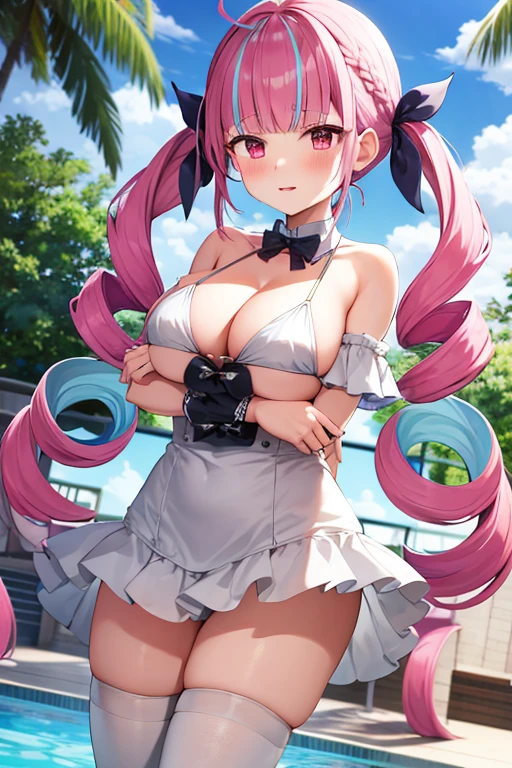 masterpiece、Highest quality、1 girl、Virtual YouTuber、Minato Akua、Multi-colored hair、Twin tails、inner hair color、Two-tone hair、Drill Hair、Twin Drill、Ahoge、Ankle cuffs、Striped Hair、White ribbon、Cowboy Shot,blush,Arms crossed,Cleavage,All 4 breasts,Micro Bikini,Pool
