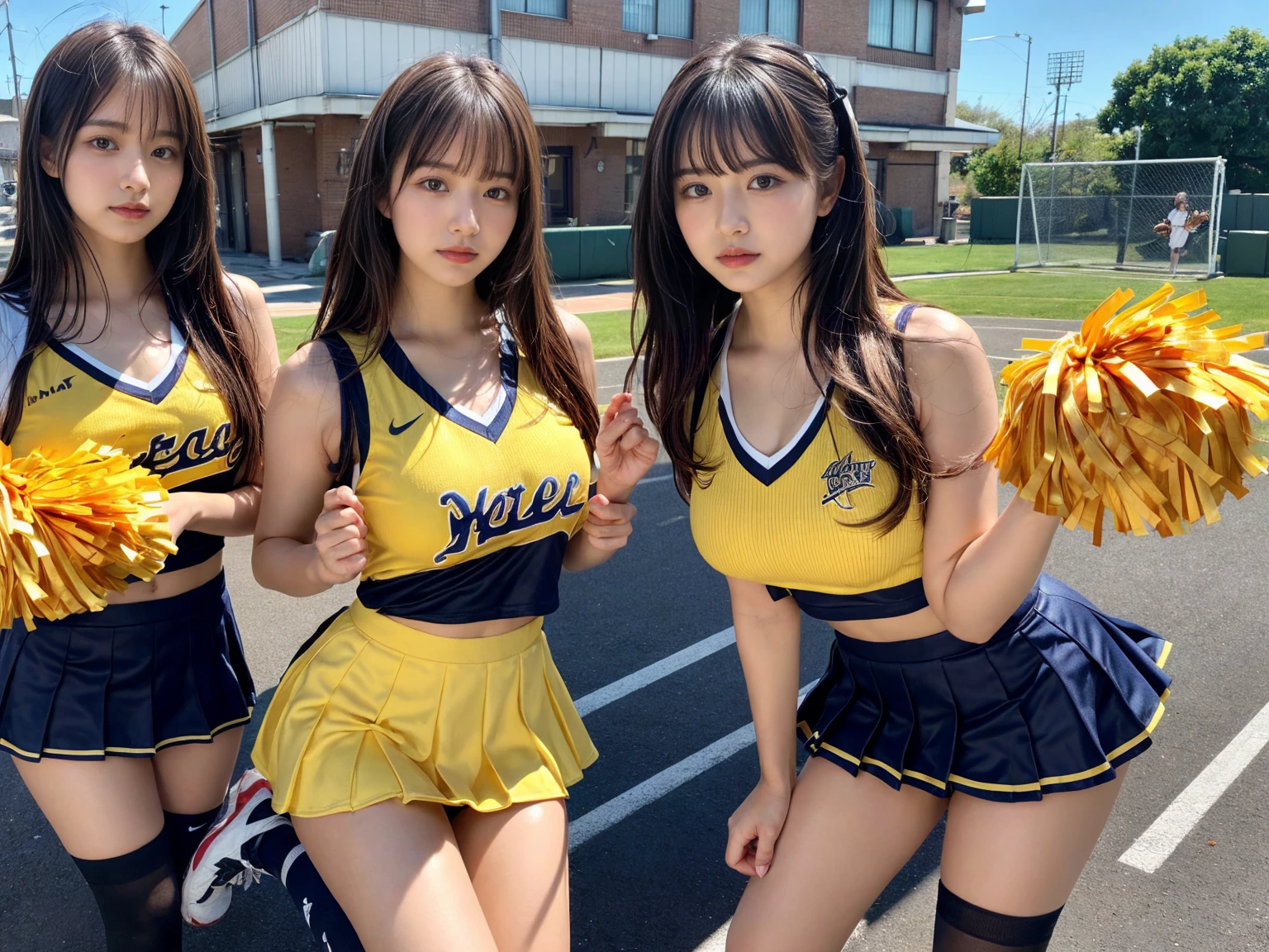 masterpiece, best quality, illustration, Super detailed, fine details, High resolution, 8K,wall paper, perfect dynamic composition,(Details High quality, realistic depiction of eyes:1.3), (3 girls), BREAK (cheerleader uniform with yellow as basic color:1.3), (holding a yellow pompoms in hand:1.4), (sleeveless yellow tunic with baseball team logo:1.4), yellow tops, (bold V-neck:1.3), ((Blue lines, black lines) on tops:1.3), ((fit and flare, A-line):1.3), (A-line yellow rah-rah skirt:1.3), mini skirt, (black socks:1.3), (sports shoes:1.2), sitting, open legs, short bob hair, in a hotel room in the background, deep on field, large breasts, black hair color, Big Natural Color Lip, (perfect body shape), crying a little、Harajuku style、20 year old girl、cute type、beautiful legs, Gravure Idol