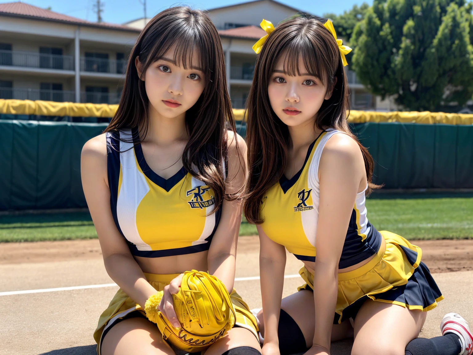 masterpiece, best quality, illustration, Super detailed, fine details, High resolution, 8K,wall paper, perfect dynamic composition,(Details High quality, realistic depiction of eyes:1.3), (3 girls), BREAK (cheerleader uniform with yellow as basic color:1.3), (holding a yellow pompoms in hand:1.4), (sleeveless yellow tunic with baseball team logo:1.4), yellow tops, (bold V-neck:1.3), ((Blue lines, black lines) on tops:1.3), ((fit and flare, A-line):1.3), (A-line yellow rah-rah skirt:1.3), mini skirt, (black socks:1.3), (sports shoes:1.2), sitting, open legs, short bob hair, in a hotel room in the background, deep on field, large breasts, black hair color, Big Natural Color Lip, (perfect body shape), crying a little、Harajuku style、20 year old girl、cute type、beautiful legs, Gravure Idol