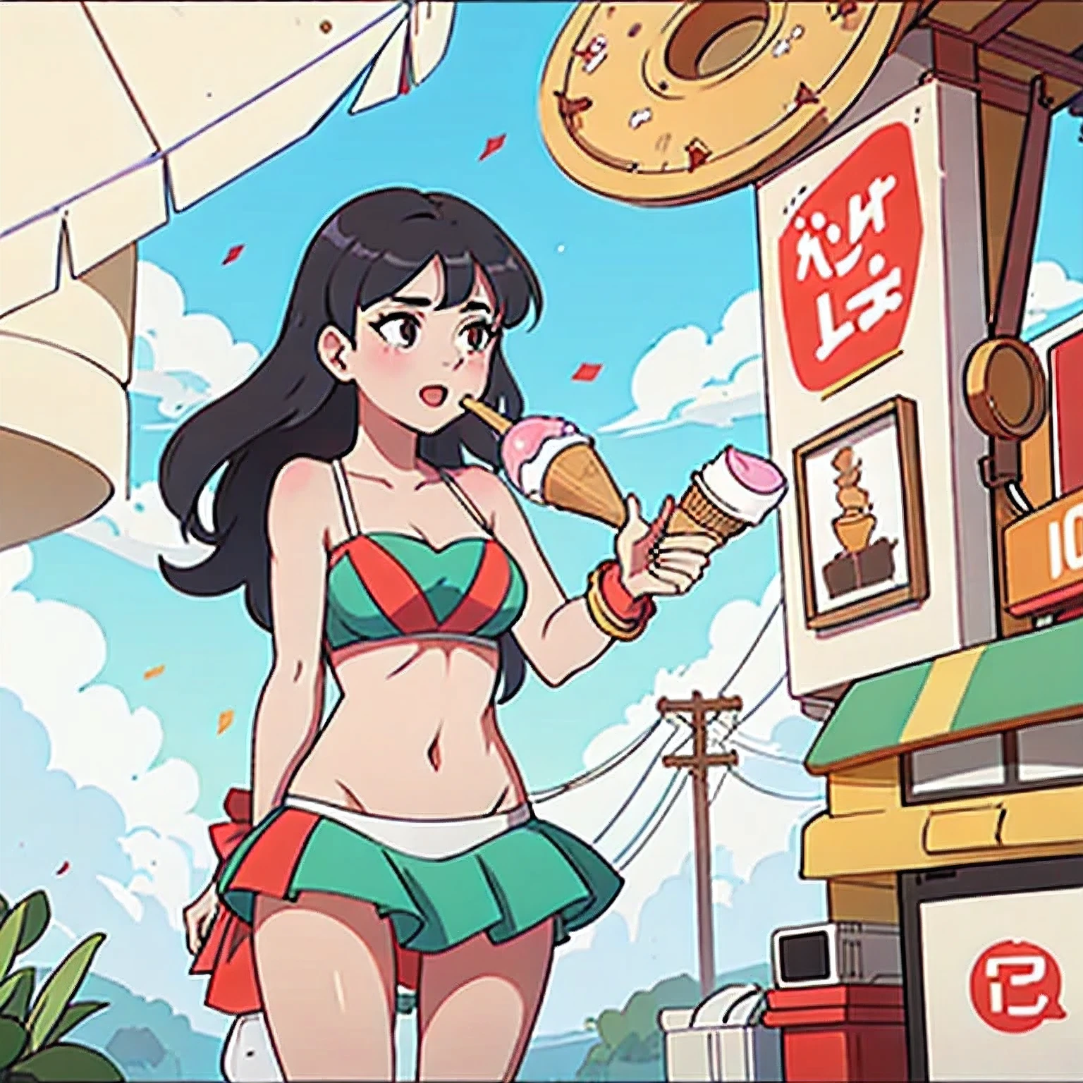 girl in a bikini eating an ice cream cone, eating ice cream, in a bikini, angela white, giorgia meloni, katy perry, in bikini, eating ice - cream, wearing spandex bikini, ice cream on the side, bikini, ice cream, wearing a bikini, candid photo of dirty, shiny plastic bikini, candid shot, cone, 1 girl, solo，in a green dress standing by a wall,portrait of female idol
