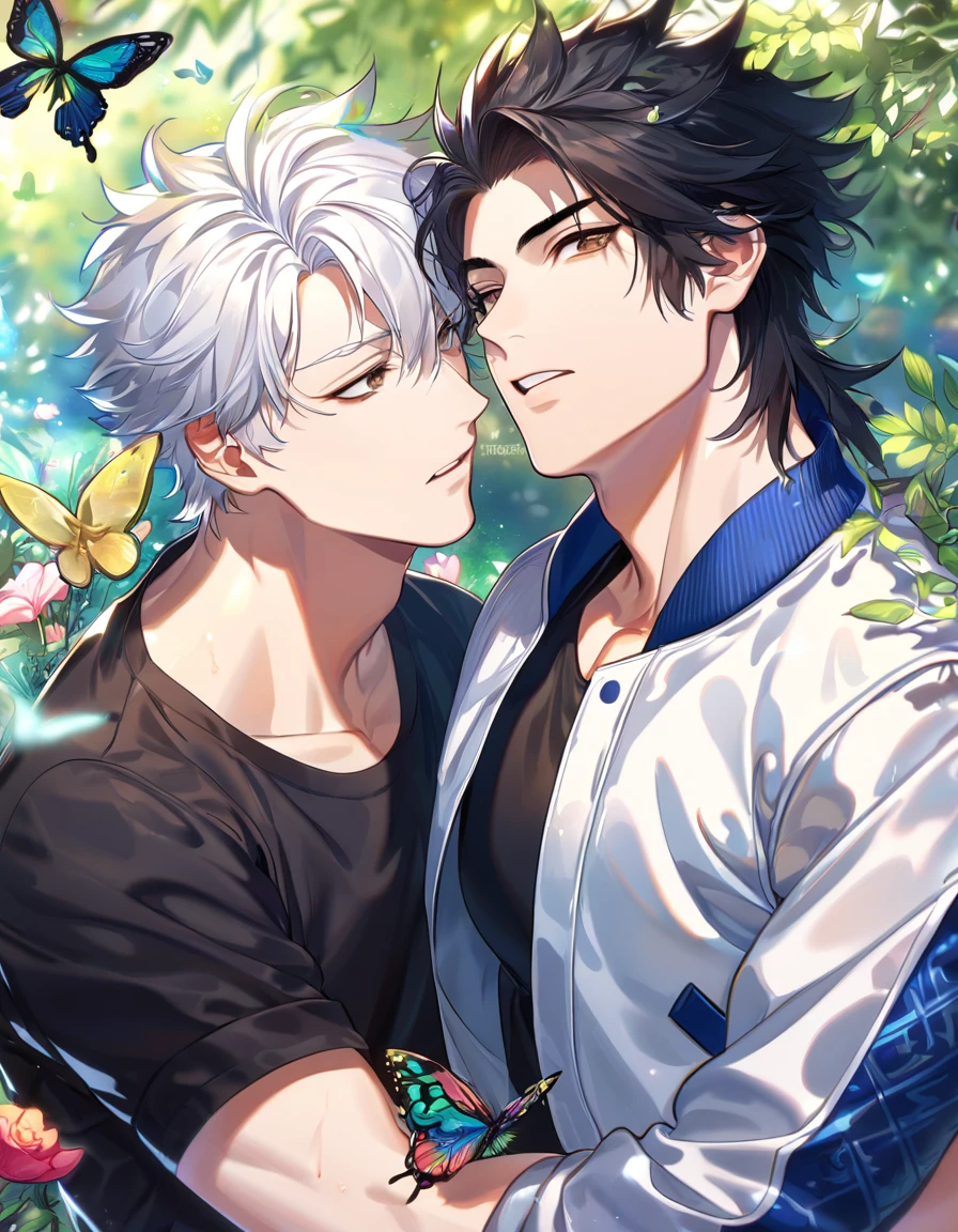 absurdres, highres, ultra detailed, HDR, master piece, best quality, extremely detailed face, delicated features, Lù Guāng, white hair, fluffy hair, spiked hair, short hair, expressive gray eyes, Shíguāng Dàilǐrén, Cheng Xiaoshi, black hair, expressive brown eyes, two sexy men together, yaoi, gay couple, handsome, white coat, black T-shirt, steel blue letterman jacket, fantasy, magical, butterflies, summer, green leaves, flowers, water