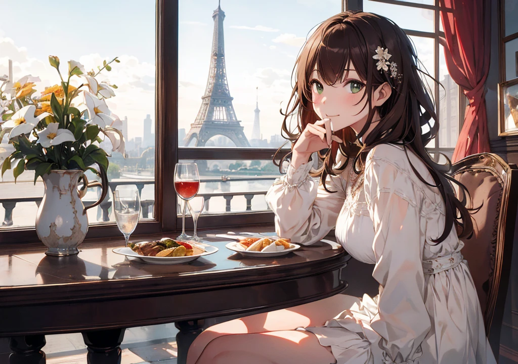 Realistic photos, Focus distance 10mm, Red and white, Beautiful girl, Realistic photos, Shooting at Focus distance 10mm, masterpiece, 最high quality, high quality, Very detailed CG 8k wallpaper unit, Award-winning photography, Depth of written boundary, High resolution, bloom, chromatic aberration, Realistic, Very detailed, Art Station Trends, CGsociety Trends, Complex, High detail, dramatic, Art on the go, volumetric lighting, Hors d'Oeuvre A girl in a beautiful dress smiles as she eats colorful hors d'oeuvres in a fine Parisian restaurant. She sits by a window with the Eiffel Tower in the background. The girl has soft brown hair and deep green eyes
