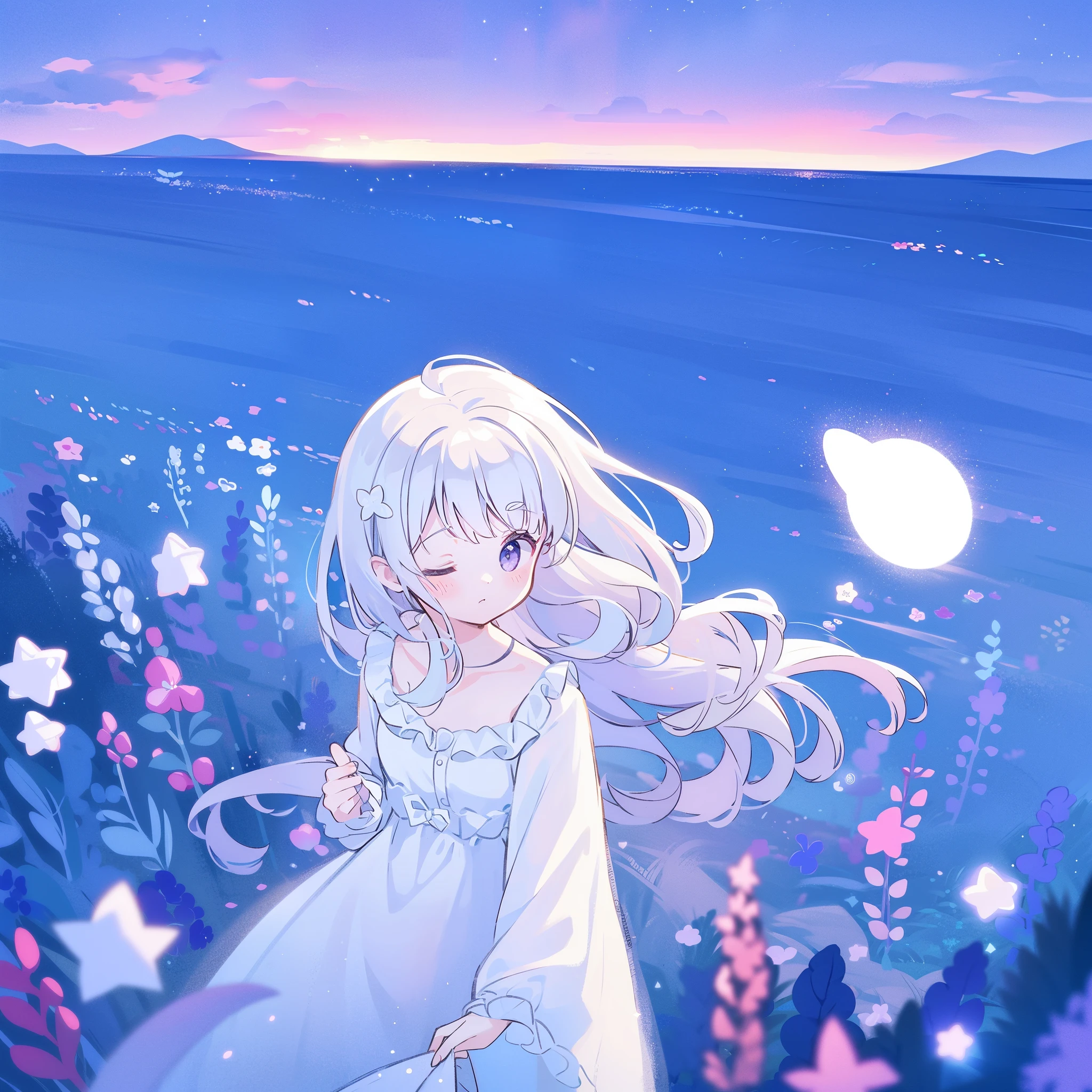 (magical dream flower garden landscape), girl wearing an ethereal translucent dress, pale skin, wavy gradient blue purple hair, perfect composition, highly detailed, ethereal, (starry night sky background), midjourney style