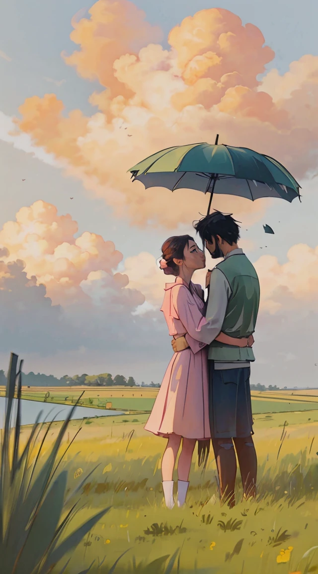 A romantic couple standing together on a grassy plain, holding a red umbrella. The man and woman embrace each other tenderly, looking into each other's eyes with love and affection. The scene is set against a backdrop of a vast open landscape, with a beautifully clouded sky above. The lush green grass in the foreground stretches out, providing a soft and natural base for the scene. The image has a slightly painterly effect, with the colors appearing vibrant and soft, reminiscent of an anime or watercolor painting. The overall atmosphere is serene and romantic, capturing a tender moment between the couple. The focus is on the couple, with the background slightly blurred, adding depth to the composition. The photograph is taken from a wide perspective, making the couple appear far away, and capturing a broad view of the sky and landscape. This wide-angle approach emphasizes the expansive beauty of the surroundings, highlighting the vast, cloud-filled sky and the rolling grassy fields, enhancing the dreamy and romantic ambiance of the scene