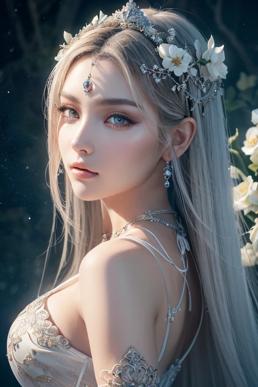 ((Masterpiece,Ultra-high resolution, high resolution, 8k, Fractal Art,Octane, Fantastic,Aesthetic,Intricate details)) From fantasy,Blessed by beautiful pure white flowers,Goddess Fortune Teller,A deeply carved face reminiscent of Nordic mythology,mysterious eyes,Emits a powerful, mysterious aura from bottom to top,Gemstone Garden, Elegant and sophisticated features with perfect shading and realistic skin texture. she (Crystal Eye) It's wonderful.、It is the focus of this image. (she eyes extremely detailed, Beautiful attention to detail, macro). she eyes feature intricate detailing with clearly defined irises and bright sclera. sheはクラシックな模様のロングドレスを着ている,Long sleeve,A dress made of jewels and details,soft lips are smooth and very puffy, sheの肌は淡い紅潮と華麗なクラシカルな模様で飾られている. she long gown is stunning and expensive, Made of pure flame and brilliant light,Gorgeous jewels that sparkle in the light.