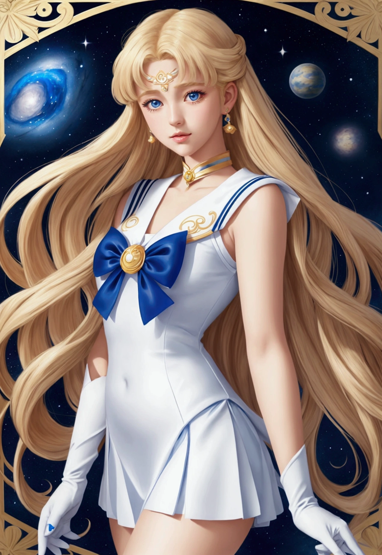 
 sailor with long blonde hair and blue and white dress, a colored pencil drawing inspired by Sailor Moon, tumblr, Fantasyart, Sailor Moon style, the Sailor Moon. comely, portrait knights of the zodiac girl, Sailor Moon!!!!!!!!, highly detailed exquisite fanart, high quality color drawing, magical girl portrait, the galaxy sailor. comely