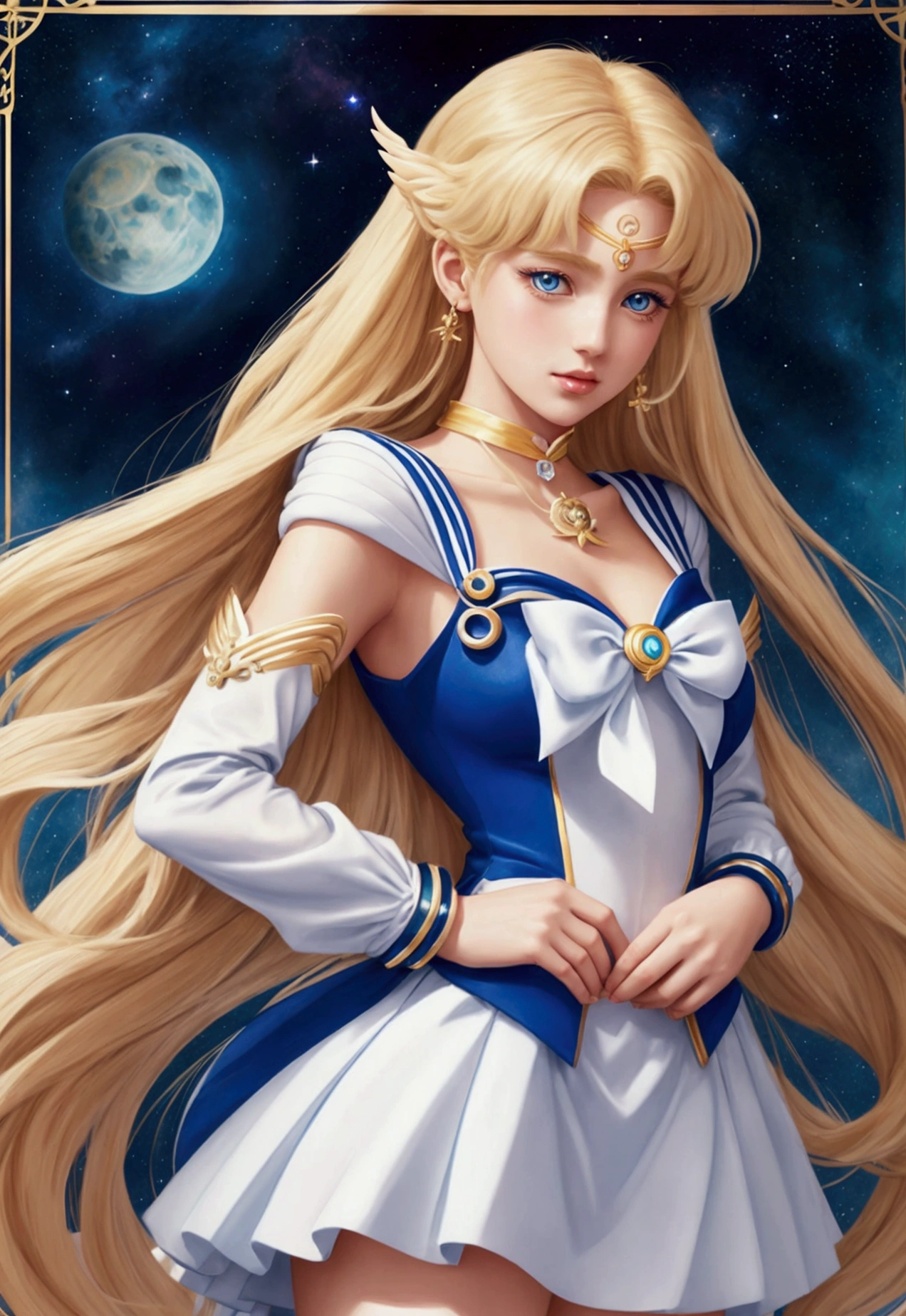 sailor with long blonde hair and blue and white dress, a colored pencil drawing inspired by Sailor Moon, tumblr, Fantasyart, Sailor Moon style, the Sailor Moon. comely, portrait knights of the zodiac girl, Sailor Moon!!!!!!!!, highly detailed exquisite fanart, high quality color drawing, magical girl portrait, the galaxy sailor. comely