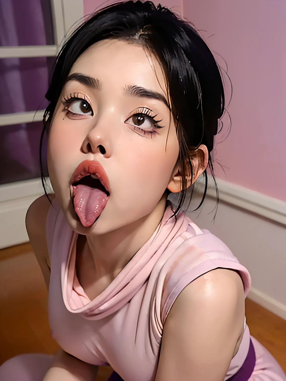 (masterpiece:1.2, best quality:1.2), (1girl), professional lightings, cinematic lightings, 8k wallpaper, ultra realistic portrait of chichi, dragonball, chichi_dbz, (ultra realistic mature older face, ultra detailed mature older face, realistic wrinkles on face and eyes, detailed wrinkles on face and eyes), ((purple china dress, orange scarf)), bangle, bracelet, bare foots, detailed face, detailed eyes, highres, detailed skin texture, ultra slim waist, perfect slim body style, black hair, (dango hair:1.25, parted long bangs:1.1), big eyes, double eyelids, ((((ultra huge breasts, ultra huge tits, ultra huge boob, ultra huge cleavages)))), ((ultra realistic exterior of Kame house kitchen room, ultra detailed exterior of Kame house kitchen room, pink painted wall:1.1 refrigerator, visible aqua marine ocean via window, counter table, bar chair, cooking utensils, dishes in sink, kitchen countertop, cabinet)), (((Ultra-realistic pout kiss face, Ultra-detailed Pout kiss face, tongue out))), (nsfw:1.1), zoom up face, close up face, focus on face, ((looking at viewer)),