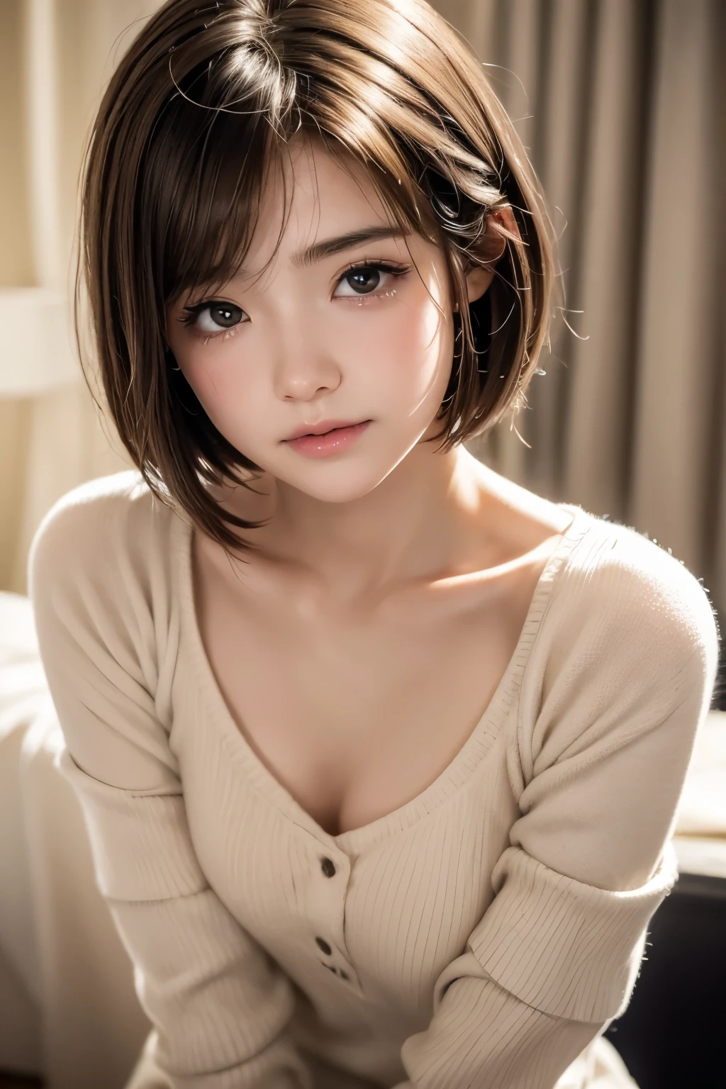 ((cry))、Cute 16 year old Japan、Highly detailed face、Attention to detail、double eyelid、Beautiful thin nose、Sharp focus:1.2、beauty:1.4、(Light brown hair、short hair、)、Pure white skin、Highest quality、masterpiece、Ultra-high resolution、(Realistic:1.4)、Highly detailed and professional lighting、Blushing、Crouching、Are crying
