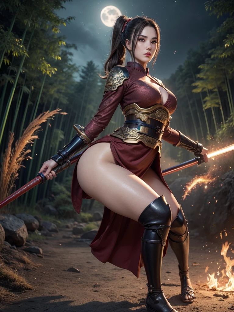 Focus face, 4K Fantasy style, digital drawing mode, Samurai-themed female character, brown long pony hair with copper highlights, determined green eyes, wearing a kimono-inspired outfit with gears and cogs, holding a katana with a steam-powered mechanism and red and blue gold aura effects, background of a Bamboo forest with Full moon, pale skin, short hair, red lips, focused eyes, full body, Perfect body, Perfect face, Masterpiece, Battle stance pose, life size, perfect anatomy, detailed metal and fabric texture, full HD, 4K, HDR, depth of field."