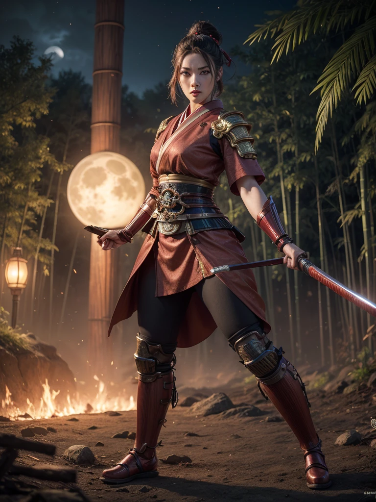 Focus face, 4K Fantasy style, digital drawing mode, Samurai-themed female character, brown long pony hair with copper highlights, determined green eyes, wearing a kimono-inspired outfit with gears and cogs, holding a katana with a steam-powered mechanism and red and blue gold aura effects, background of a Bamboo forest with Full moon, pale skin, short hair, red lips, focused eyes, full body, Perfect body, Perfect face, Masterpiece, Battle stance pose, life size, perfect anatomy, detailed metal and fabric texture, full HD, 4K, HDR, depth of field."