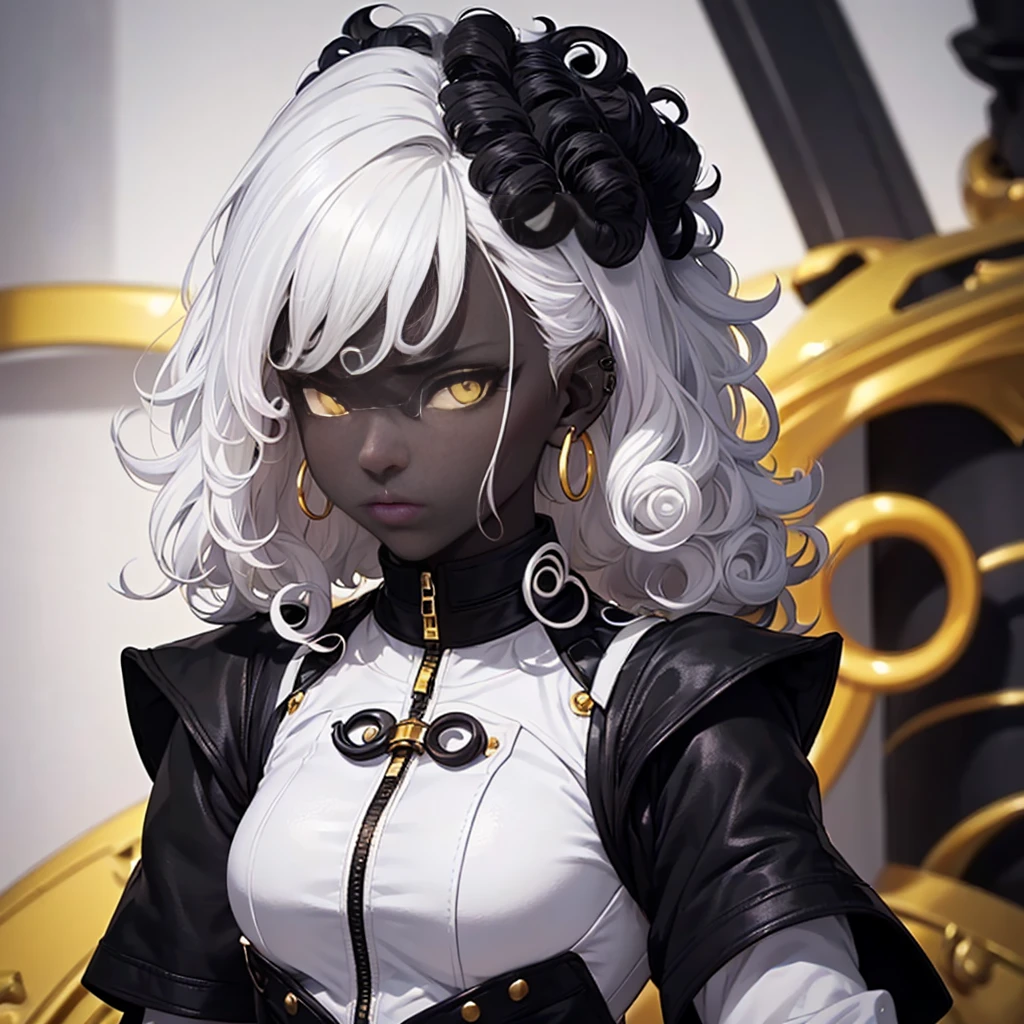 1girl,Black girl, (((black skin))), (((black skin, mulher preta))),dark skin,(((short hair, (((white curly hair))), white hair))), yellow eyes, earring, wearing white armor with gold accents