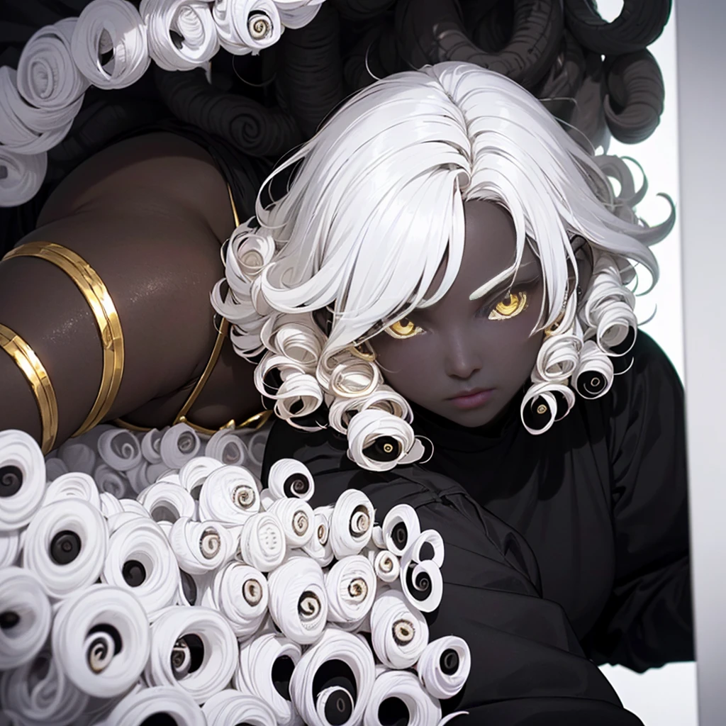 1girl,Black girl, (((black skin))), (((black skin, mulher preta))),dark skin,(((short hair, (((white curly hair))), white hair))), yellow eyes, earring, wearing white armor with gold accents