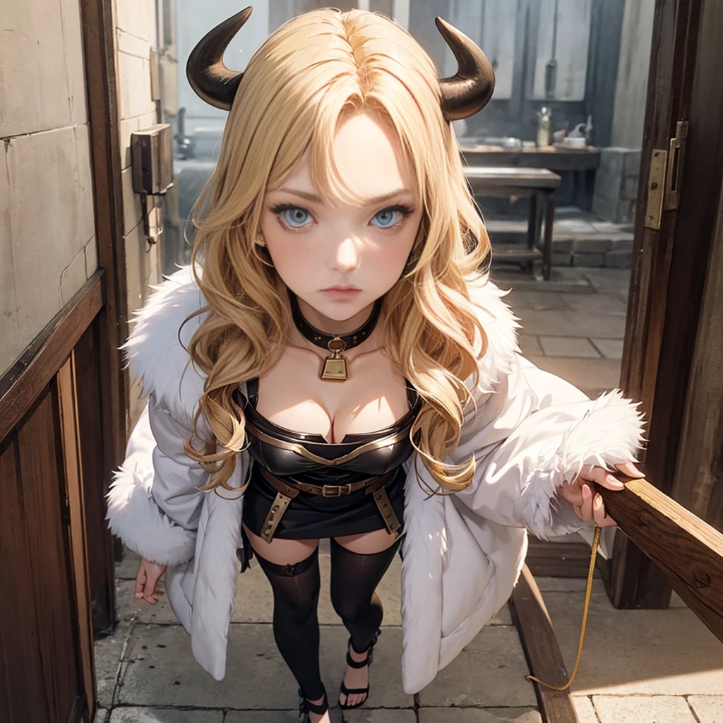 standing straight symmetrical, full body, solo girl looking to the camera, beautiful woman, viking warrior, fur cloak, armor, blonde hair, wavy hair, (closeup, portrait shot), (solo), realistic, cow bell choker, metal sandals, black thigh highs