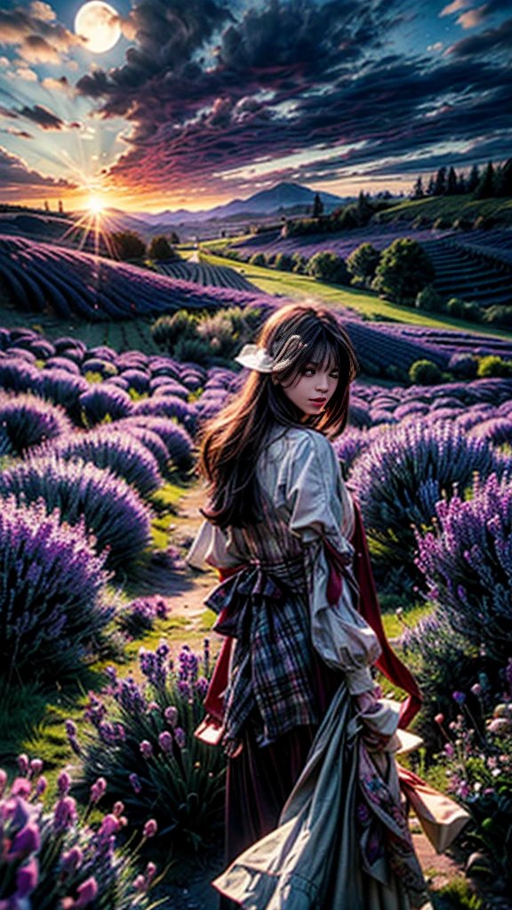 vast landscape photography,early night, (seen from below, the sky is above、The fields are below), A girl standing in a flower field and looking up, A stunning field of lavender in full bloom, with mountains in the distance. The lavender is a deep purple color, and the field is filled with its sweet scent. The moon is shining brightly, and the sky is a dark blue. There are a few clouds in the sky, and a slight breeze is in the air. A path winds through the lavender field, leading to a small cottage in the distance. The image is high resolution, with a lot of detail.