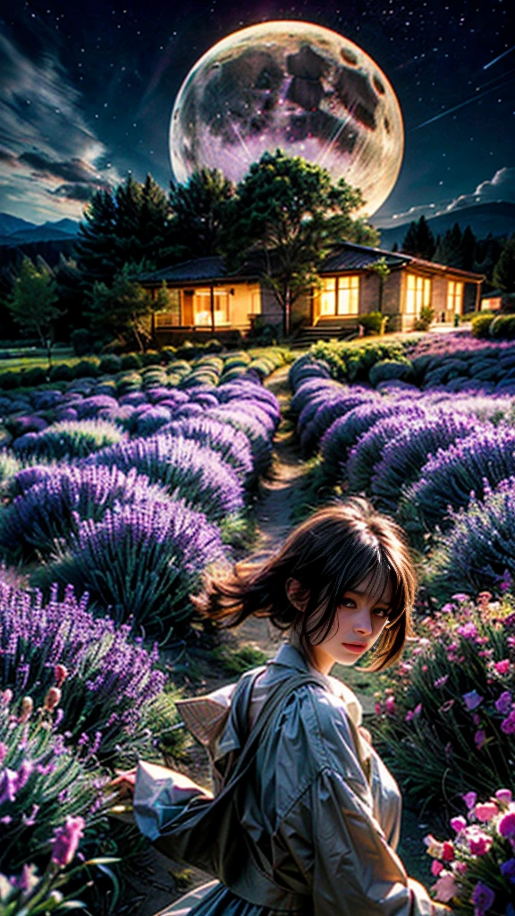 vast landscape photography,early night, (seen from below, the sky is above、The fields are below), A girl standing in a flower field and looking up, A stunning field of lavender in full bloom, with mountains in the distance. The lavender is a deep purple color, and the field is filled with its sweet scent. The moon is shining brightly, and the sky is a dark blue. There are a few clouds in the sky, and a slight breeze is in the air. A path winds through the lavender field, leading to a small cottage in the distance. The image is high resolution, with a lot of detail.