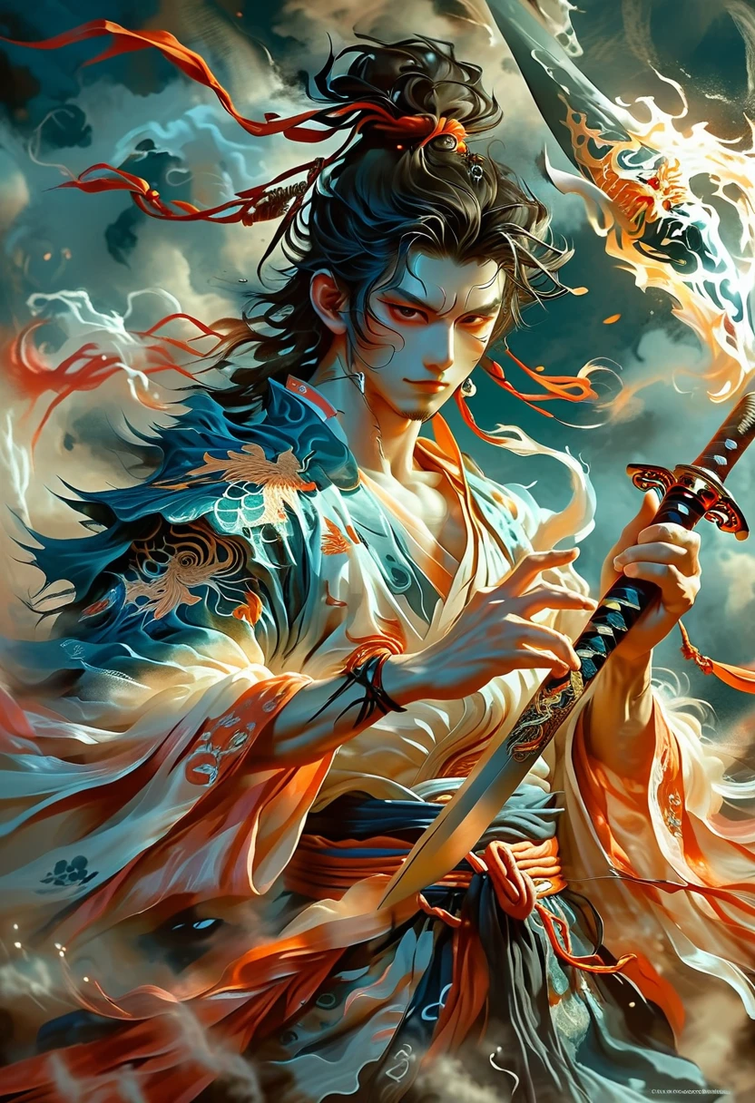a drawing of a man with a sword and a demon, beautiful male god of death, mohrbacher, Inspired by Shunkōsai Hokushū, in the art style of mohrbacher, asura from chinese myth, the god of chaos, inspired by Ryūkōsai Jokei, in style of peter mohrbacher