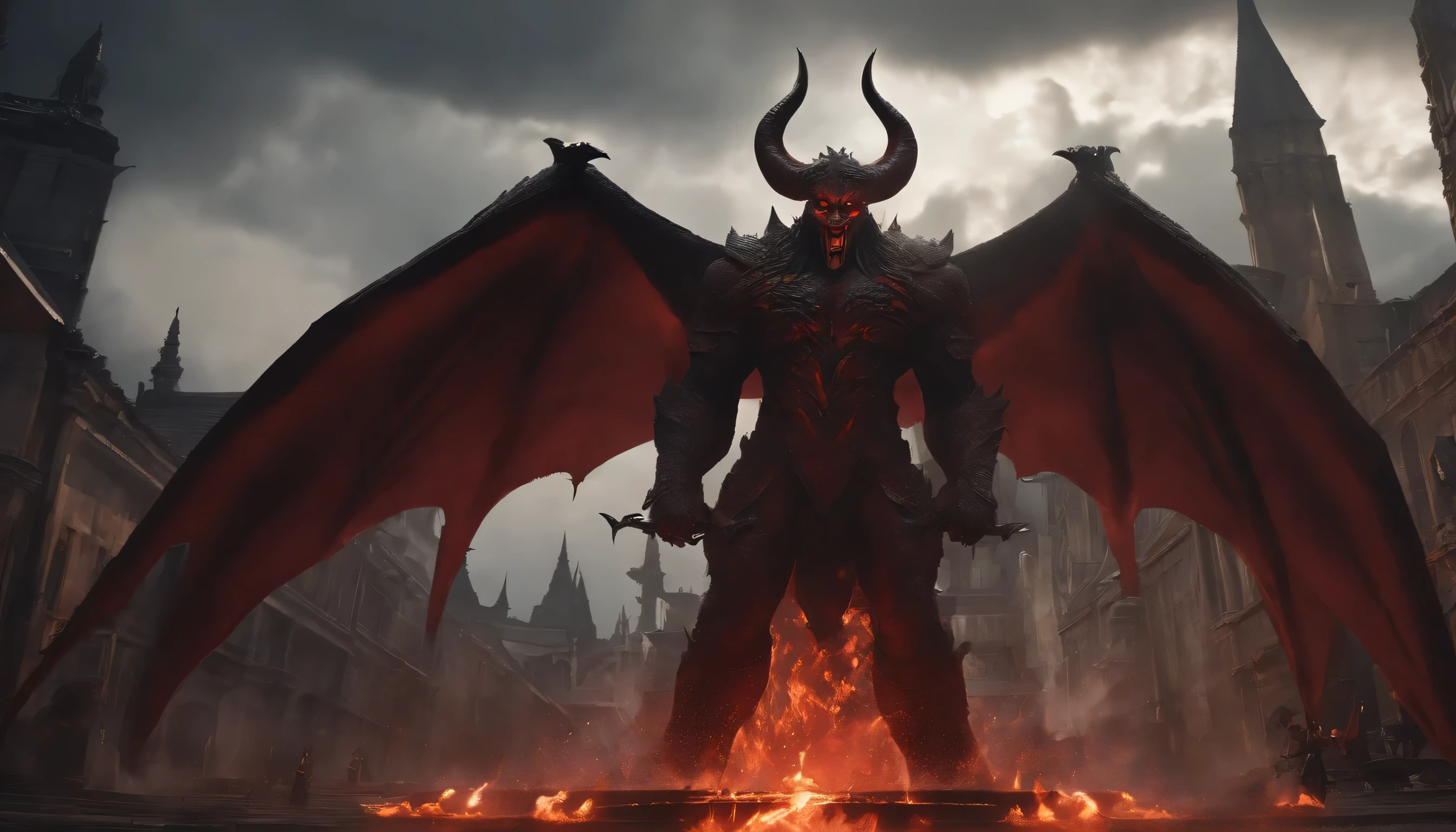 Un énorme démon doté de grandes ailes d'éclairs et de cornes de feu se propage dans toute la ville.、grande foule々il y a une épée au milieu、Diable élégant、Roi Démon de l'Enfer Slim