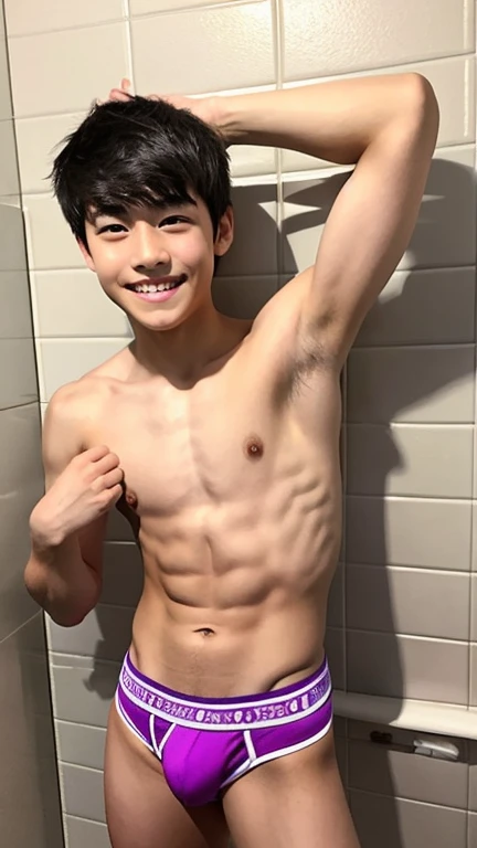 Japanese men、、Muscles and smooth skin、Very short black hair、A relaxed and friendly smile、Light purple boxer briefs、The whole body is well visible、Posing in the bathroom、