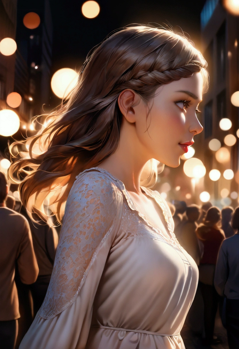 Best Quality, photorealistic, 1 girl, women,(skin denture), medium chest, (bright), (Professional lighting, bokeh), (Street), people, multitudes, braided bangs, (blouse:1.5), (dressed:0.8), gorgeous, bloom, by the floating, (dynamic pose:0.6) , Soft lighting,