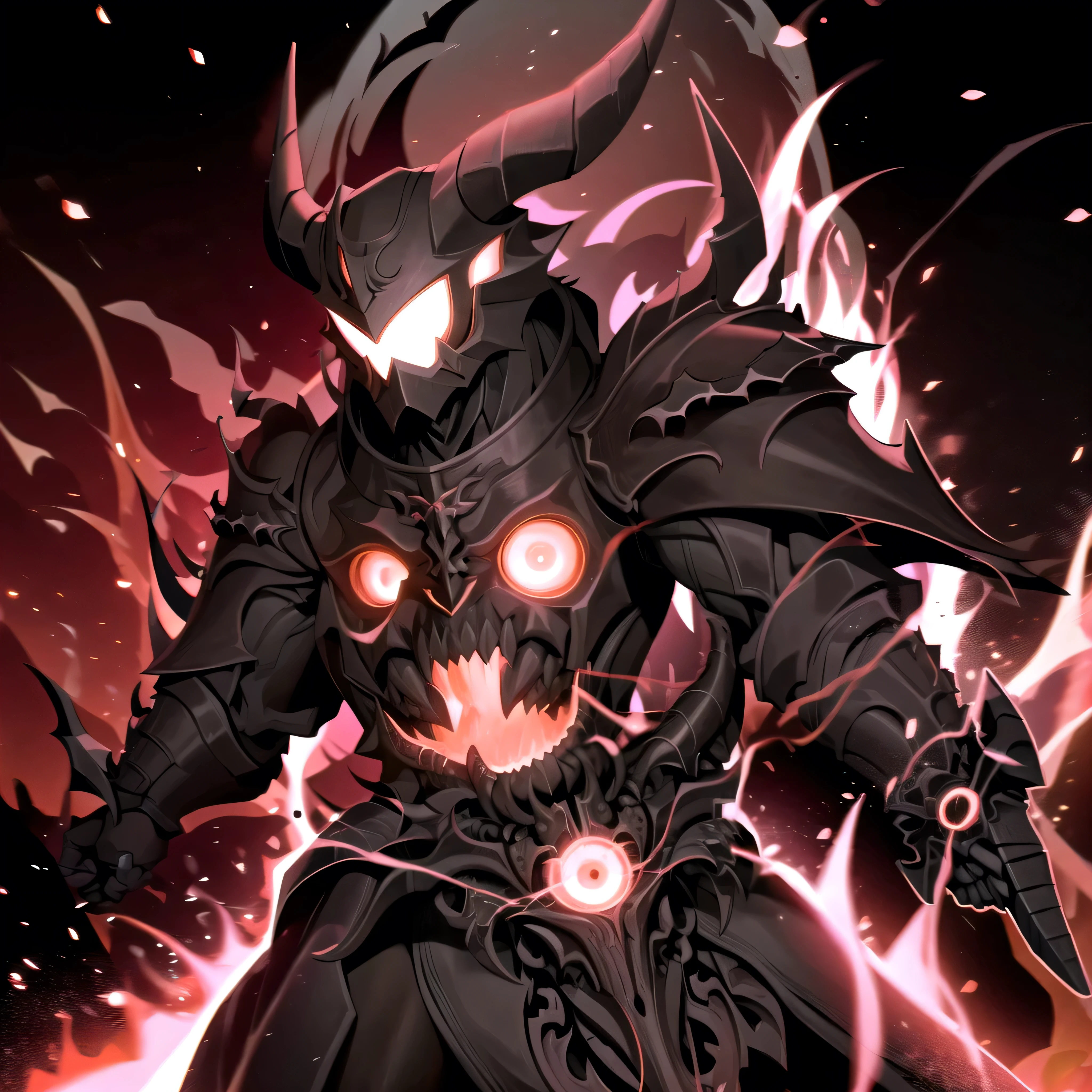 monster, black armor, helmet with horns, green glowing