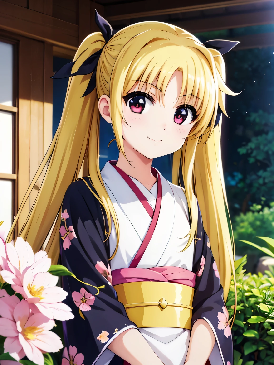 Highest quality、(Anime illustration style:1.3),High resolution、whole body、Standing、garden、Total GW、One Girl、Make Testarossa、 Golden Hair、Twin tails、Beautiful and attractive red eyes、Black ribbon、smile、Very detailedな顔、Closed Mouth、Pink kimono、yukata、1 girl、Beautiful Eyes, Sharp pupils, Realisticな学生, Depth of written border, Bokeh, Sharp focus, (Very detailed, bloom, Shine:1.5)、(Genuine、Realistic、Realistic)、High resolution、超High resolution、Ultra-fine painting、Cowboy Shot