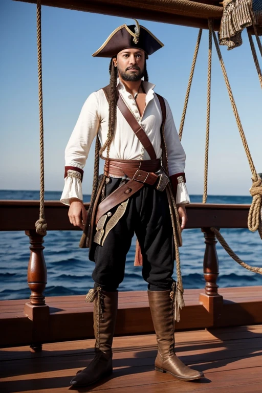 18th Century European Pirates、Full-body figure standing on the deck of a pirate ship、The shirt is open、Draw to the toes、Holding the mast rope