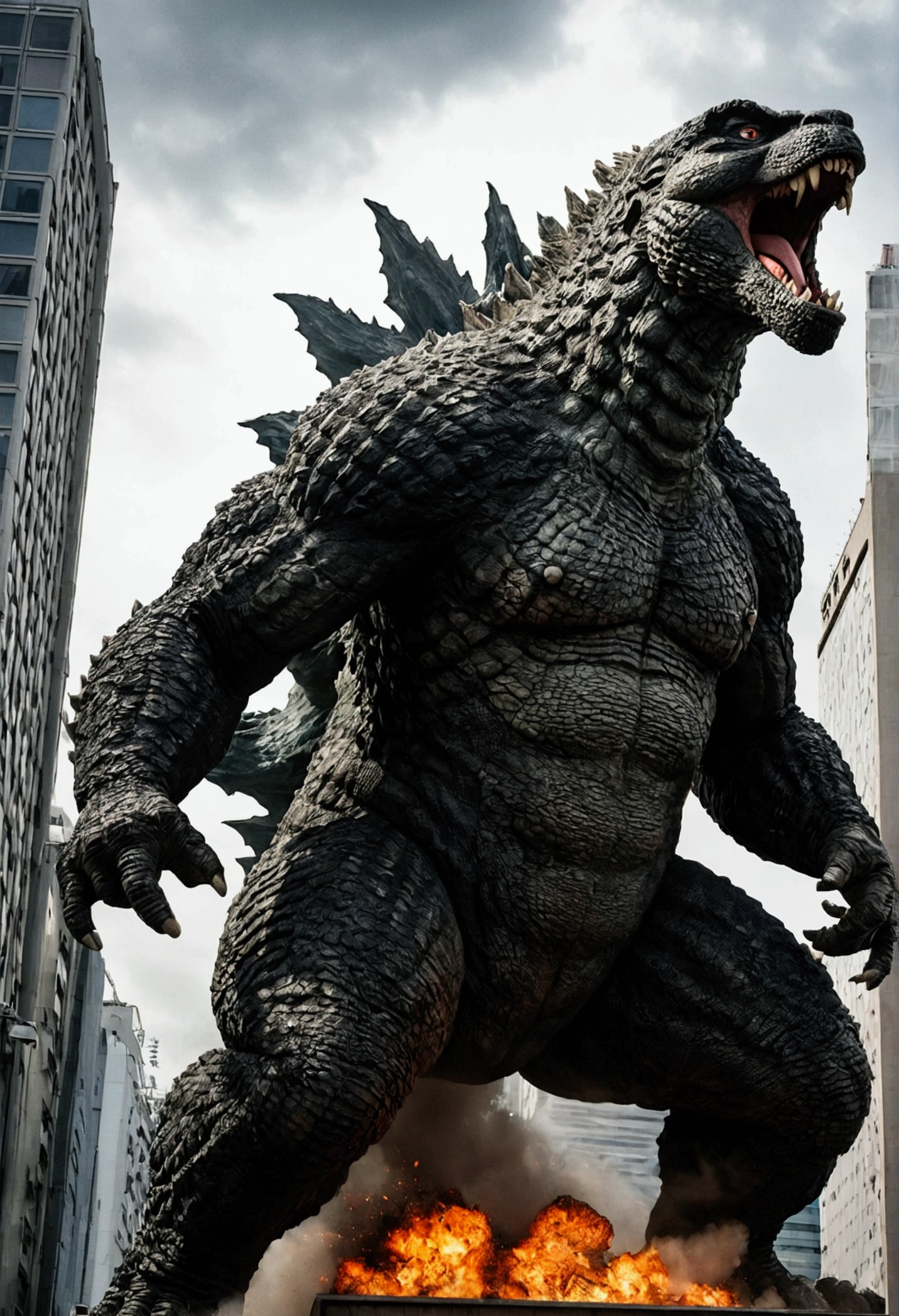 Godzilla is on a rampage in Tokyo, low angle shot