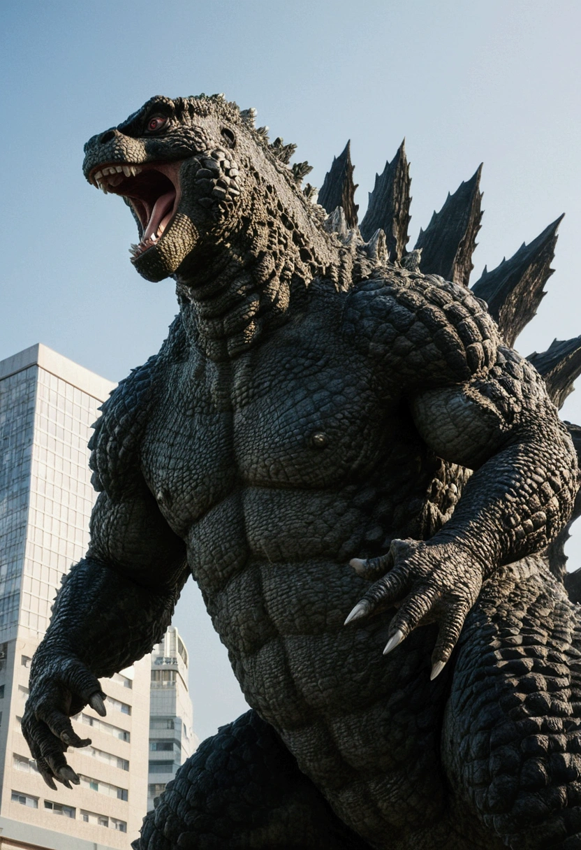 Godzilla is on a rampage in Tokyo, low angle shot