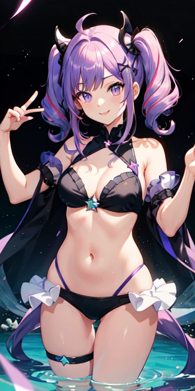 One girl, bright, Light purple hair, Light Blue Mesh, Twin tails, Curly Hair, Purple eyes, Star motif, Multicolored Hair, Salem, Head mask, Side light, Particles of light, wallpaper, big, Plump, Idol, Swimwear, Soft and fluffy, smile, kind, clear, Hilarious