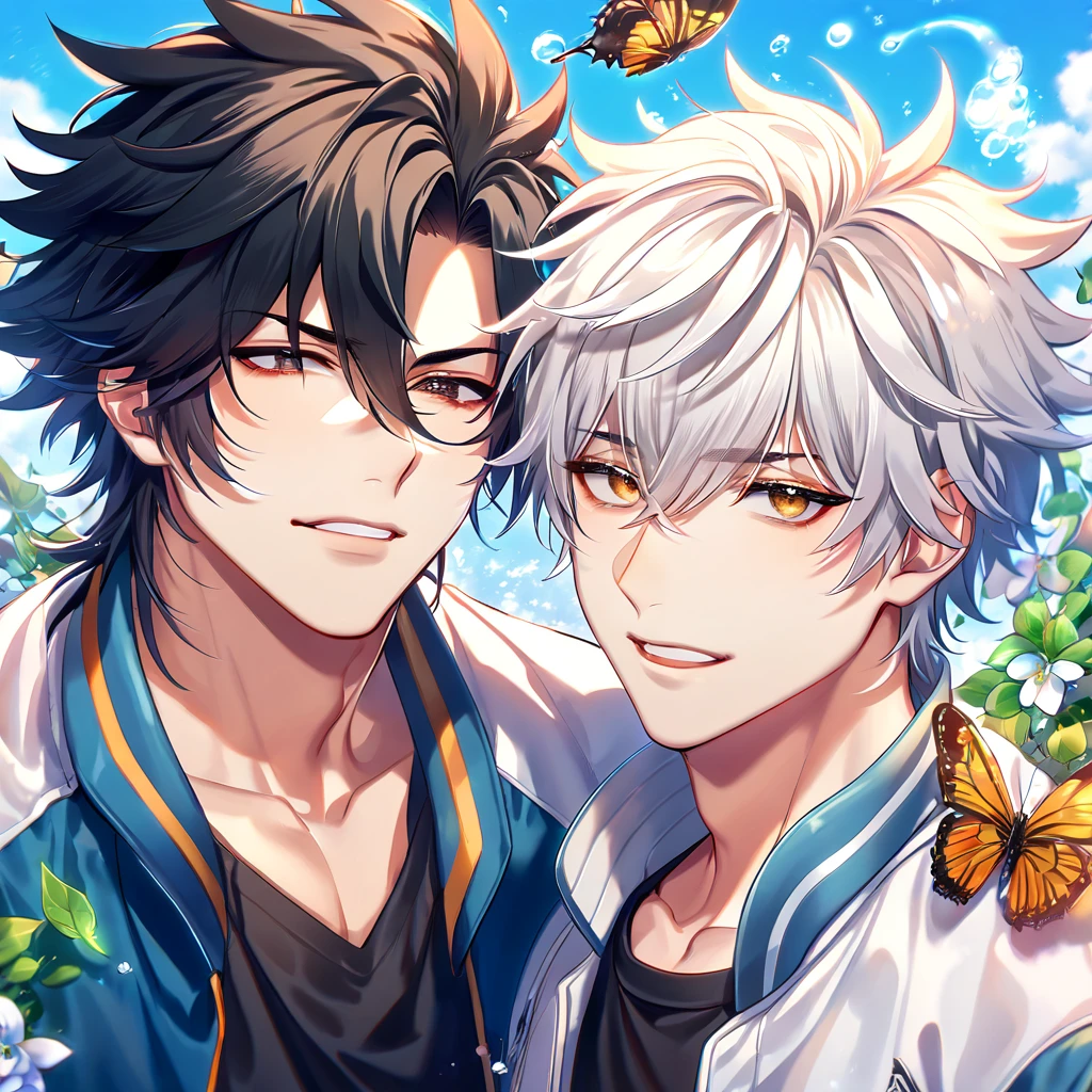absurdres, highres, ultra detailed, HDR, master piece, best quality, extremely detailed face, delicated features, Lù Guāng, white hair, fluffy hair, spiked hair, short hair, expressive gray eyes, Shíguāng Dàilǐrén, Cheng Xiaoshi, black hair, hir between the eyes, expressive brown eyes, two sexy men together, yaoi, gay couple, handsome, white coat, black T-shirt, steel blue letterman jacket, fantasy, magical, butterflies, summer, green leaves, flowers, water