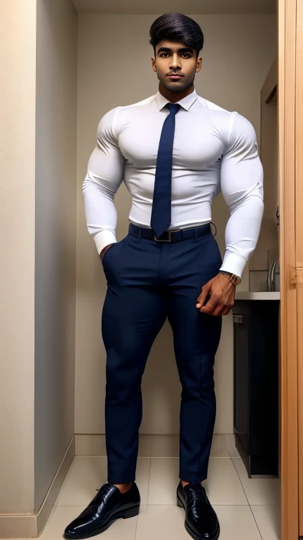 18 years old indian school boy with small beard mascular dark skin jaat with spiky hairstyle in , head to toe, indian school boy, beautiful eyes, large lips, volumeric light, wearing opened white shirt with navy trouser with navy tie, formal black shoes with white socks, huge bulge, muscular chest, long legs, Wide shoulders, nice detailed hands, standing with spread legs in toilet background, sunny day, daylight