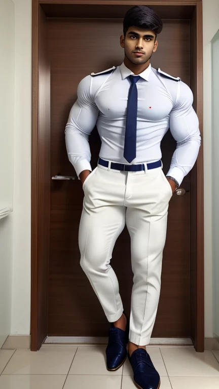 18 years old indian school boy with small beard mascular dark skin jaat with spiky hairstyle in , head to thighs, indian school boy, beautiful eyes, large lips, volumeric light, wearing opened white shirt with Tommy Hilfiger underwear with navy tie , huge bulge, muscular chest, long legs, Wide shoulders, nice detailed hands, standing and doing pee in school toilet with spread legs toilet background, sunny day, daylight, His perfect( big huge bulge) is (coming out) of his pant,masterpieces