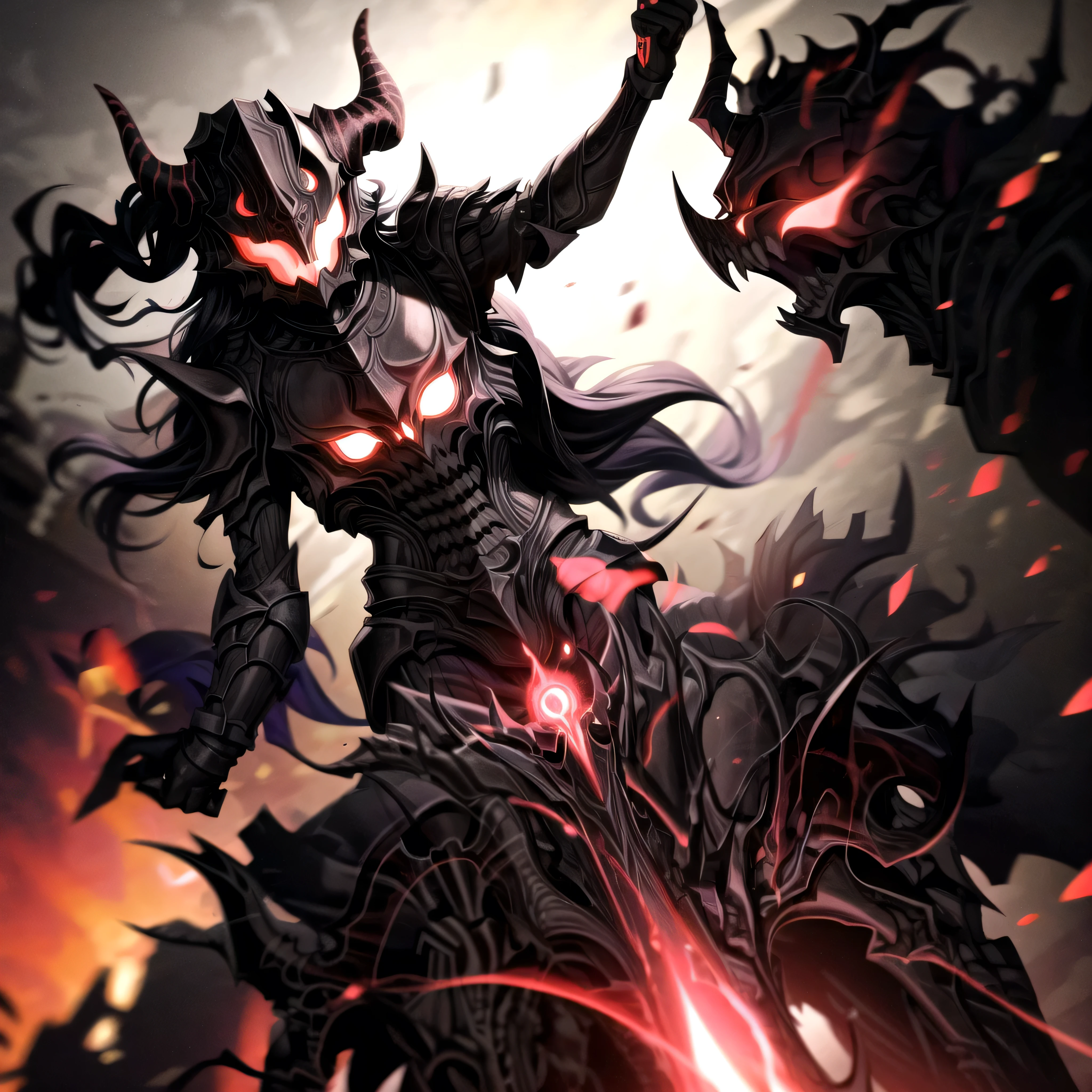 monster, black armor, helmet with horns, red glowing
